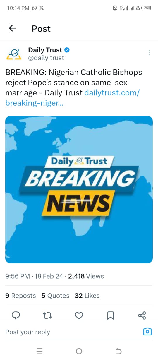 BREAKING: Catholic bishops in Nigeria reject Pope’s order to join same-sex couples